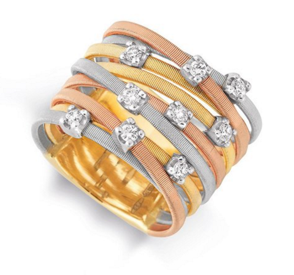 Marco Bicego Goa Tricolor Nine Strand Ring yellow, rose, and white gold with diamonds