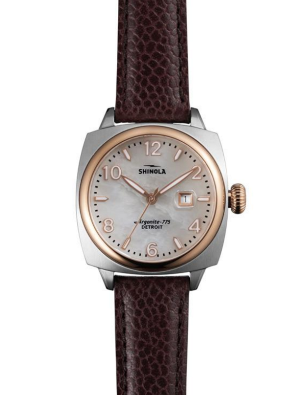 The Brakeman by Shinola womens watch with brown alligator leather strap and mother of pearl case